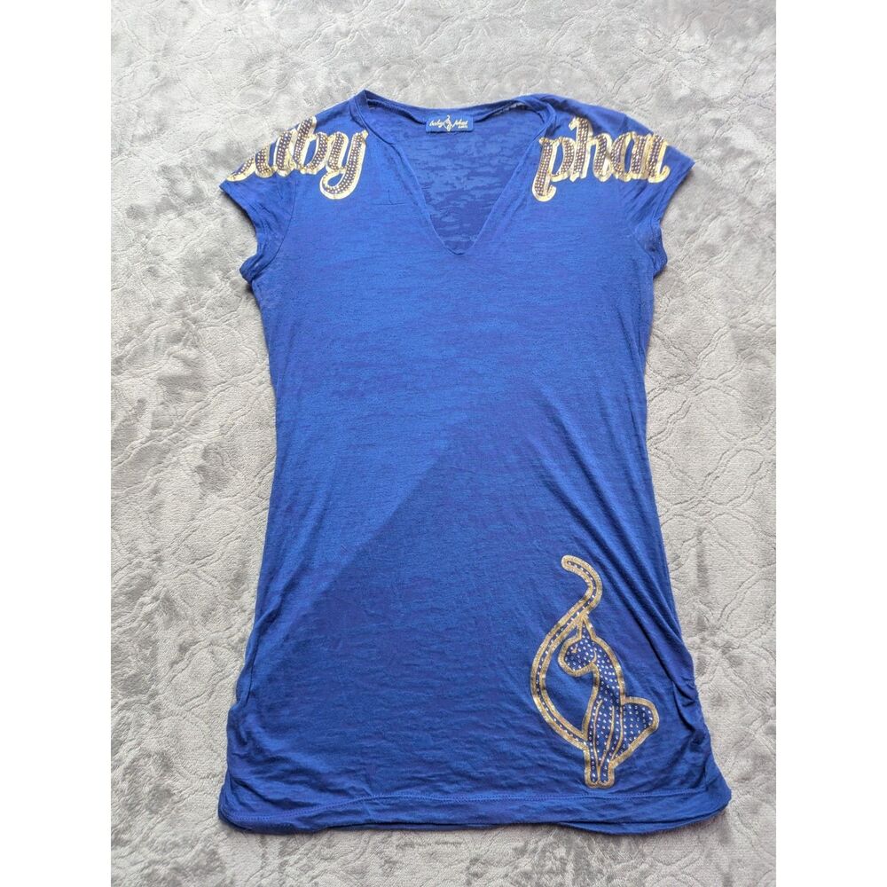 Baby Phat Jean Co Blue Gold Rhinestone Cat Tunic Top Y2K McBling